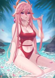 Rule 34 | 1girl, arm at side, bare arms, bare legs, bare shoulders, blue sky, breasts, casual one-piece swimsuit, cleavage, closed mouth, clothing cutout, collarbone, commentary request, day, genshin impact, groin, hair between eyes, hair ornament, helloimtea, highres, holding, holding hair, jewelry, long hair, looking at viewer, medium breasts, navel, navel cutout, necklace, ocean, one-piece swimsuit, outdoors, petals, pink hair, pink lips, purple eyes, red one-piece swimsuit, shallow water, sitting, sky, smile, solo, swimsuit, very long hair, water, yae miko, yokozuwari