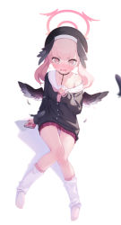 Rule 34 | 1girl, absurdres, beret, black hat, black wings, blue archive, blush, book, collarbone, feathered wings, full-face blush, grey wings, halo, hat, head wings, highres, koharu (blue archive), loafers, looking at viewer, loose socks, low wings, medium hair, miniskirt, neckerchief, off shoulder, open mouth, pink eyes, pink hair, pink neckerchief, sailor collar, shoes, skirt, sleeves past wrists, socks, solo, twintails, white sailor collar, wings, yozora (2080167236)