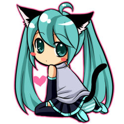 Rule 34 | 1girl, ahoge, animal ears, aqua eyes, aqua hair, bad id, bad pixiv id, blush stickers, cat ears, cat tail, chibi, detached sleeves, hatsune miku, heart, kemonomimi mode, long hair, looking at viewer, looking back, outline, panties, pantyshot, simple background, sitting, skirt, solo, striped clothes, striped panties, tail, thighhighs, twintails, underwear, upskirt, very long hair, vocaloid, wariza, white background, yayoi (egoistic realism)