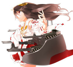 Rule 34 | 10s, 1girl, bad id, bad pixiv id, bare shoulders, brown hair, cannon, cowboy shot, dazzle paint, detached sleeves, floating hair, from side, hairband, haruna (kancolle), headgear, highres, japanese clothes, jewelry, kantai collection, long hair, long sleeves, machinery, manarou, nontraditional miko, red eyes, ribbon-trimmed sleeves, ribbon trim, ring, serious, simple background, skirt, solo, standing, turret, white background, wind