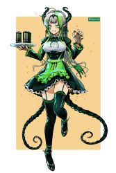 Rule 34 | 1girl, absurdres, apron, artist name, black footwear, black nails, breasts, brown background, bsapricot, can, commentary, curled horns, dress, energy drink, english commentary, fingernails, frilled apron, frilled dress, frills, full body, garter straps, green apron, green dress, green hair, green nails, green thighhighs, grin, highres, holding, holding tray, horns, layered sleeves, long fingernails, long hair, long sleeves, looking at viewer, maid, maid headdress, medium breasts, monster energy, multicolored hair, multicolored nails, multiple tails, nail polish, original, panties, puffy short sleeves, puffy sleeves, sharp fingernails, shirt, shoes, short over long sleeves, short sleeves, silver hair, smile, solo, standing, standing on one leg, streaked hair, striped clothes, striped panties, tail, thighhighs, tray, two-tone background, two tails, underwear, very long hair, waist apron, white background, white shirt, wide sleeves