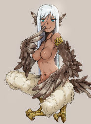 Rule 34 | 1girl, aqua eyes, bad id, bad pixiv id, blush, breasts, dark-skinned female, dark skin, feather hair, feathered wings, full body, harpy, long hair, looking at viewer, medium breasts, monster girl, navel, nipples, nucomas, nude, original, simple background, smile, solo, squatting, talons, very long hair, white hair, winged arms, wings