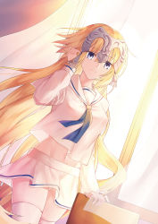 Rule 34 | 1girl, alternate costume, arm support, blonde hair, blue eyes, blue neckerchief, breasts, chair, closed mouth, commentary request, covered erect nipples, curtains, dutch angle, fate/grand order, fate (series), gogatsu fukuin, groin, hair between eyes, hand in own hair, hand up, headpiece, highres, indoors, jeanne d&#039;arc (fate), jeanne d&#039;arc (ruler) (fate), long hair, long sleeves, looking at viewer, medium breasts, midriff, miniskirt, navel, neckerchief, pleated skirt, room, sailor collar, school chair, school uniform, serafuku, shirt, skindentation, skirt, smile, solo, standing, sunlight, sunset, thighhighs, transparent, very long hair, white sailor collar, white serafuku, white shirt, white skirt, white thighhighs, window