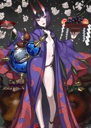 Rule 34 | 1girl, alcohol, blush, bob cut, cup, fate/grand order, fate (series), flat chest, flower, food, fruit, grapes, grey background, holding, honjou raita, horns, japanese clothes, jar, kimono, looking at viewer, navel, official art, oni, open clothes, open kimono, open mouth, pale skin, peach, petals, purple eyes, purple hair, purple kimono, sakazuki, sake, shide, short hair, shuten douji (fate), shuten douji (first ascension) (fate), skin-covered horns, smile, solo, urn