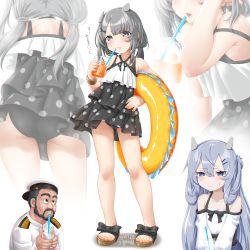 Rule 34 | 1boy, 2girls, admiral (kancolle), ass, barefoot, beard, black eyes, black hair, black one-piece swimsuit, blue eyes, blush, closed mouth, collarbone, dated, dd (ijigendd), drink, drinking, drinking straw, facial hair, grey eyes, grey hair, hair between eyes, hair ornament, hat, headgear, highres, holding, holding drink, i-201 (kancolle), i-203 (kancolle), innertube, kantai collection, long hair, long sleeves, military, military uniform, multiple girls, multiple views, naval uniform, one-piece swimsuit, peaked cap, sandals, short hair, simple background, swim ring, swimsuit, twitter username, uniform, white background, white headwear, x hair ornament