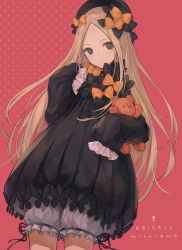 Rule 34 | 1girl, abigail williams (fate), bad id, bad pixiv id, black bow, black dress, black hat, blonde hair, bloomers, blue eyes, bow, breasts, character name, closed mouth, dress, fate/grand order, fate (series), forehead, hair bow, hat, highres, long hair, looking at viewer, multiple hair bows, orange bow, parted bangs, pink background, polka dot, polka dot bow, ramune., ribbed dress, sleeves past fingers, sleeves past wrists, small breasts, solo, stuffed animal, stuffed toy, teddy bear, underwear, white bloomers