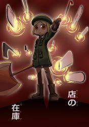 Rule 34 | 1girl, axe, blonde hair, boots, brown gloves, chainsaw, coat, commentary request, crowbar, fate/grand order, fate (series), gloves, green coat, green hat, green jacket, hat, holding, holding axe, holding hands, jacket, long sleeves, pantyhose, paul bunyan (fate), portal (object), solo, syringe, takuteks, translation request, yellow eyes