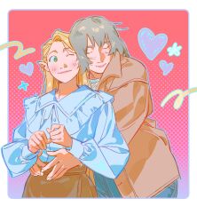 Rule 34 | 2girls, absurdres, blonde hair, blue shirt, blush, brown coat, brown skirt, cheek-to-cheek, clickuu, closed mouth, coat, commentary, dungeon meshi, elf, english commentary, falin touden, gradient background, green eyes, grey hair, heads together, heart, highres, hug, hug from behind, long hair, long sleeves, marcille donato, multiple girls, one side up, pink background, pointy ears, purple background, shirt, short hair, skirt, smile, yuri