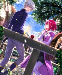 Rule 34 | 1boy, 1girl, akagami no shirayukihime, apple, bag, blue eyes, blue jacket, blue sky, blush, boots, building, city, cobblestone, collarbone, day, dutch angle, eye contact, fence, food, fruit, green eyes, head rest, highres, jacket, layered sleeves, long coat, long sleeves, looking at another, outdoors, pants, parted lips, purple legwear, red hair, sheath, sheathed, shirayuki (akagami no shirayukihime), short hair, short over long sleeves, short sleeves, shoulder bag, silver hair, sky, smile, spire, sword, swordsouls, tree, weapon, zen wistalia