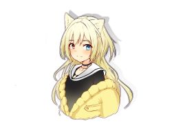 Rule 34 | 1girl, animal ears, arknights, black choker, black shirt, blonde hair, blue eyes, blush, cat ears, choker, commentary, cropped torso, drop shadow, heterochromia, highres, jacket, long hair, looking at viewer, nightmare (arknights), off shoulder, red eyes, sailor collar, sailor shirt, shirt, solo, upper body, white sailor collar, xiaohuanjie, yellow jacket