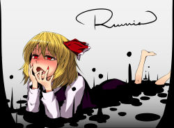 Rule 34 | 1girl, barefoot, blonde hair, blush, character name, embodiment of scarlet devil, ex hien, female focus, finger in own mouth, fingernails, hair ribbon, long fingernails, nail, nail polish, red eyes, red nails, ribbon, rumia, short hair, solo, touhou