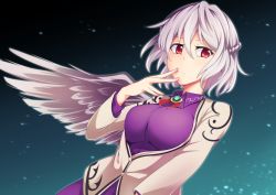 Rule 34 | 1girl, arm up, ashiroku (miracle hinacle), black background, blue background, blurry, blurry background, braid, breasts, brooch, commentary, dress, dutch angle, expressionless, feathered wings, french braid, gradient background, hair between eyes, hand on own face, jacket, jewelry, kishin sagume, large breasts, long sleeves, looking at viewer, open clothes, open jacket, purple dress, red eyes, red neckwear, short hair, silver hair, single wing, solo, standing, star (symbol), starry background, touhou, upper body, white jacket, wings