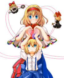 Rule 34 | 2girls, alice margatroid, alice margatroid (pc-98), apron, bad id, bad pixiv id, blonde hair, blue eyes, capelet, dress shirt, dual persona, female focus, hairband, heart, heart hands, heart hands duo, highres, multiple girls, mystic square, shanghai doll, shirt, short hair, skirt, suspenders, time paradox, tori (flatspice), touhou, touhou (pc-98)