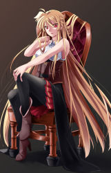 Rule 34 | 1girl, blonde hair, breasts, brown footwear, commentary request, fate testarossa, high heels, highres, large breasts, long hair, looking at viewer, lyrical nanoha, mahou shoujo lyrical nanoha, pantyhose, parted lips, red eyes, red skirt, sitting, skirt, solo, sougetsu izuki, very long hair