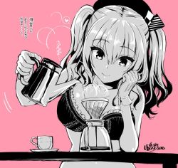 Rule 34 | 10s, 1girl, beret, bra, breasts, cleavage, coffee pot, cup, gloves, hat, heart, kantai collection, kashima (kancolle), kojima saya, monochrome, pink background, saucer, simple background, smile, solo, twintails, underwear, underwear only