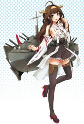 Rule 34 | 10s, 1girl, bad id, bad pixiv id, breasts, brown eyes, brown hair, cannon, detached sleeves, double bun, frilled skirt, frills, full body, kantai collection, kongou (kancolle), long hair, looking at viewer, machinery, mecha musume, medium breasts, nontraditional miko, open mouth, pleated skirt, polka dot, polka dot background, shijou mako, sideboob, skirt, smile, solo, standing, standing on one leg, thighhighs, turret, zettai ryouiki