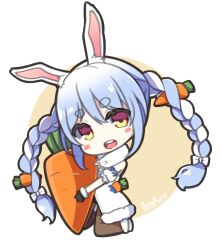 Rule 34 | 1girl, animal ear fluff, animal ears, black gloves, black leotard, blue hair, blush stickers, bow, braid, brown background, brown pantyhose, carrot hair ornament, chibi, commentary request, dated, detached sleeves, don-chan (usada pekora), dress, food, food-themed hair ornament, full body, fur-trimmed dress, fur-trimmed gloves, fur trim, gloves, hair between eyes, hair bow, hair ornament, highres, holding, holding food, hololive, kneeling, leotard, long hair, looking at viewer, multicolored hair, pantyhose, puffy short sleeves, puffy sleeves, rabbit ears, red eyes, shirasu youichi, short eyebrows, short sleeves, sidelocks, signature, thick eyebrows, twin braids, twintails, two-tone background, two-tone hair, usada pekora, usada pekora (1st costume), very long hair, virtual youtuber, white background, white bow, white dress, white hair, white sleeves