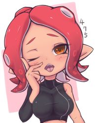Rule 34 | 1girl, agent 8 (splatoon), alternate breast size, asymmetrical clothes, black shirt, blush, breasts, commentary request, covered collarbone, crop top, dark-skinned female, dark skin, fangs, half-closed eye, hand on own cheek, hand on own face, hand up, head tilt, highres, impossible clothes, impossible shirt, index finger raised, large breasts, long sleeves, looking at viewer, medium hair, monster girl, nintendo, octoling, octoling girl, octoling player character, one eye closed, open mouth, orange eyes, piercing, pink background, pointy ears, red hair, shinako, shirt, single bare shoulder, single sleeve, skin tight, solo, splatoon (series), splatoon 2, splatoon 2: octo expansion, squidbeak splatoon, suction cups, taut clothes, taut shirt, tentacle hair, tongue, tongue out, tongue piercing, upper body, white background