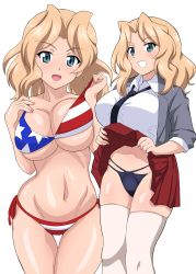 Rule 34 | 1girl, absurdres, american flag bikini, american flag print, bad id, bad pixiv id, bikini, black necktie, black panties, blonde hair, blue eyes, blush, breasts, cleavage, clothes lift, flag print, girls und panzer, grin, highres, kay (girls und panzer), large breasts, lifting own clothes, looking at viewer, miniskirt, multiple views, navel, necktie, open mouth, panties, pleated skirt, print bikini, red skirt, saunders school uniform, school uniform, shiny skin, simple background, skirt, skirt lift, smile, swimsuit, thighhighs, underwear, white background, white thighhighs, yasuoextuuuuuu