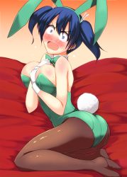 Rule 34 | 10s, 1girl, angry, animal ears, ass, bare shoulders, bed, between breasts, blue eyes, blue hair, blush, bow, bowtie, breasts, rabbit ears, rabbit tail, playboy bunny, cleavage, detached collar, embarrassed, fake animal ears, female focus, gloves, hair ribbon, hands on own chest, head tilt, iwanori, kantai collection, kneeling, large breasts, leotard, looking at viewer, matching hair/eyes, nervous, open mouth, pantyhose, personification, ribbon, short hair, short twintails, shy, sitting, solo, souryuu (kancolle), surprised, sweat, tail, twintails, twisted torso, white gloves