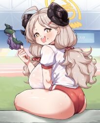 Rule 34 | + +, 1girl, :d, ahoge, ass, blue archive, blush, bottle, breasts, brown eyes, buruma, cleanerjay, drooling, eating, food, from behind, gym shirt, gym uniform, hair ornament, halo, highres, holding, horns, huge breasts, izumi (blue archive), light brown hair, long hair, looking at viewer, looking back, open mouth, outdoors, red buruma, ribbon, shirt, short sleeves, sitting, skewer, smile, solo, sweat, takoyaki, tentacles, white shirt, yellow eyes