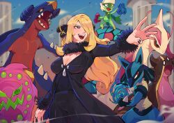 Rule 34 | 1girl, absurdres, black coat, black collar, black eyes, black fur, black nails, black pants, blonde hair, blue fur, blue sky, breasts, bright pupils, cleavage, coat, collar, creatures (company), cynthia (pokemon), day, diforland, fur-trimmed coat, fur collar, fur trim, game freak, garchomp, gastrodon, gastrodon (west), gen 3 pokemon, gen 4 pokemon, hair over one eye, highres, large breasts, lucario, milotic, multicolored fur, nintendo, open mouth, outdoors, pants, pokemon, pokemon (creature), pokemon dppt, red eyes, roselia (pokemon), sharp teeth, sky, spiritomb, teeth, upper teeth only, v-neck, white pupils