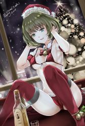 Rule 34 | 1girl, 2018, bare shoulders, bell, bikini, bottle, breasts, brown hair, christmas, christmas tree, cup, detached collar, detached sleeves, drinking glass, dutch angle, fur trim, heterochromia, highres, idolmaster, idolmaster cinderella girls, idolmaster cinderella girls starlight stage, indoors, looking at viewer, md5 mismatch, medium breasts, merry christmas, mole, mole under eye, night, nonoririn, open mouth, red bikini, red thighhighs, resolution mismatch, short hair, short sleeves, sitting, snowing, solo, source smaller, swimsuit, takagaki kaede, thighhighs, untied bikini, window