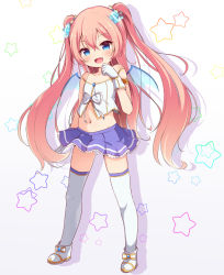 Rule 34 | 1girl, :d, angelic buster, bare shoulders, blue eyes, blue wings, blush, boots, collarbone, fang, full body, gloves, gradient background, hair between eyes, horns, long hair, looking at viewer, maplestory, navel, nekono rin, open mouth, pink hair, pleated skirt, purple background, purple skirt, shirt, skirt, smile, solo, standing, star (symbol), starry background, thighhighs, thighhighs under boots, transparent wings, two side up, very long hair, white background, white footwear, white gloves, white shirt, white thighhighs, wings