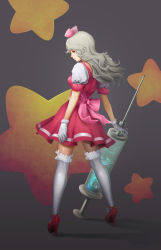 Rule 34 | 1girl, bow, danger, dress, frilled thighhighs, frills, from behind, full body, gin (justice320), gloves, gradient background, grey background, grey hair, hat, high heels, highres, long hair, looking back, magical girl, nurse cap, oversized object, pink bow, platform footwear, platform heels, puffy short sleeves, puffy sleeves, red eyes, red footwear, ribbon, short dress, short sleeves, simple background, solo, standing, star (symbol), syringe, tagme, thighhighs, white gloves, white thighhighs, zettai ryouiki