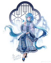 Rule 34 | 1girl, 2023, absurdres, beads, black footwear, blue butterfly, blue dress, blue eyes, blue hair, blue nails, blue theme, bug, butterfly, chinese clothes, chinese commentary, commentary request, dated, dress, flats, hair beads, hair between eyes, hair ornament, hand fan, hand up, hatsune miku, highres, holding, holding fan, insect, invisible chair, long hair, long sleeves, looking at viewer, mie haha, paper fan, parted lips, platform footwear, signature, sitting, solo, twintails, two-tone dress, vocaloid, weibo logo, weibo watermark, white background, white dress, wide sleeves, window