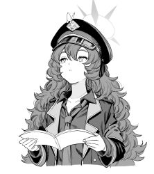 Rule 34 | 1girl, blue archive, book, closed mouth, coat, collared shirt, greyscale, hair between eyes, halo, hat, hiro (chumo), holding, holding book, iroha (blue archive), long hair, long sleeves, monochrome, necktie, open book, open clothes, open coat, peaked cap, shirt, simple background, solo, upper body, white background