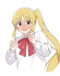 Rule 34 | :d, blonde hair, blush, bocchi the rock!, bow, brown eyes, collared shirt, cropped torso, hands up, highres, ijichi nijika, long hair, long sleeves, looking at viewer, neck ribbon, ookiiayu, open mouth, red bow, red ribbon, ribbon, school uniform, shirt, side ponytail, sidelocks, simple background, smile, sweat, upper body, white background, white shirt