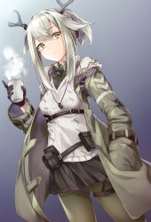Rule 34 | 1girl, antlers, arknights, black gloves, black skirt, breasts, collared shirt, commentary request, cup, dog tags, firewatch (arknights), gloves, gradient background, green eyes, green hairband, green jacket, green pantyhose, hair between eyes, hairband, highres, holding, holding cup, hood, hood down, hooded jacket, horns, jacket, long hair, pantyhose, ponytail, reindeer antlers, shirt, sidelocks, skirt, small breasts, solo, thigh strap, yuki kawachi