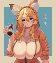 Rule 34 | 1girl, animal ear fluff, animal ears, blonde hair, blue background, border, bottle, breasts, cleavage, cropped torso, fake animal ears, glint, green eyes, highres, holding, holding bottle, hood, hood up, hoodie, huge breasts, long hair, looking at viewer, object request, orange hoodie, original, outside border, partially unzipped, rectangular eyewear, sleeves rolled up, smile, solo, translation request, tsurupon