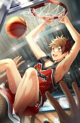 Rule 34 | 2boys, absurdres, ball, basketball, basketball (object), basketball uniform, brown eyes, brown hair, ensemble stars!, highres, kindo, male focus, morisawa chiaki, multicolored tank top, multiple boys, open mouth, red footwear, red shorts, shoes, short hair, shorts, sportswear, upper body