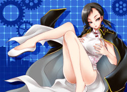Rule 34 | 10s, 1girl, black hair, breast hold, breasts, china dress, chinese clothes, devil survivor 2, dress, eyeshadow, flats, gears, grey eyes, hands on own chest, jacket, jacket on shoulders, kanno fumi, kida sukizou, large breasts, legs, lilysick, makeup, md5 mismatch, devil survivor, military, military uniform, scientist, short twintails, side slit, solo, thighs, twintails, uniform, white dress