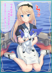 Rule 34 | 1girl, 1other, anger vein, blonde hair, blue eyes, blue sailor collar, commentary request, dress, feathered wings, gloves, hat, highres, horizon, horse, jervis (kancolle), kantai collection, looking at viewer, machinery, ocean, pegasus, sailor collar, sailor dress, sailor hat, short sleeves, sitting, translated, wariza, water, white dress, white gloves, white hat, wings, yamikota