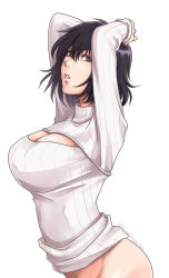 Rule 34 | 1girl, arms up, bad id, bad pixiv id, black hair, bottomless, breasts, chain sumeragi, cleavage, fujishiro kanae, kekkai sensen, large breasts, looking at viewer, meme attire, naked sweater, open-chest sweater, parted lips, purple eyes, rebelizm, ribbed sweater, short hair, simple background, solo, sweater, turtleneck, white background