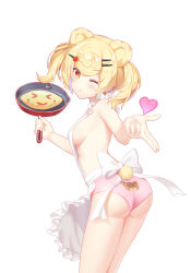 Rule 34 | &gt; &lt;, 1girl, :o, absurdres, animal ears, animal print, apron, ass, back-print panties, bear ears, bear panties, bear print, bear tail, blonde hair, breasts, cowboy shot, frilled apron, frills, frying pan, hair ornament, hairclip, heart, highres, holding, looking at viewer, muji (majunduo), naked apron, one eye closed, original, panties, pink panties, pointing, pointing forward, print panties, ribbon, short twintails, sideboob, sidelocks, simple background, solo, tail, thighs, twintails, underwear, wedgie, white background, white ribbon, yellow eyes