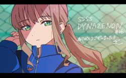 Rule 34 | 1girl, alternate costume, alternate hairstyle, blurry, blurry background, brown hair, green eyes, gridman universe, highres, jacket, letterboxed, long hair, long sleeves, minami yume, piko han, ponytail, sidelocks, solo, ssss.dynazenon, track jacket