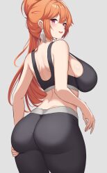 Rule 34 | ass, black pants, black sports bra, breasts, curvy, earrings, feather earrings, feathers, from behind, grey background, high ponytail, highres, hololive, hololive english, jewelry, large breasts, orange hair, pants, ponytail, purple eyes, simple background, sports bra, strap gap, takanashi kiara, virtual youtuber, wide hips, yoga pants, zeropen
