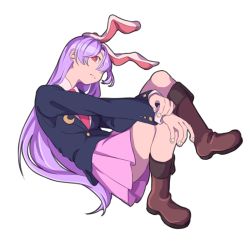 Rule 34 | 1girl, animal ears, blazer, boots, brown footwear, crescent, crescent pin, full body, hair over one eye, jacket, long hair, long sleeves, mefomefo, necktie, pink skirt, pleated skirt, purple hair, rabbit ears, red eyes, red necktie, reisen udongein inaba, simple background, skirt, solo, touhou, very long hair, white background