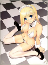 Rule 34 | 1girl, absurdres, blonde hair, blue eyes, bra, breasts, checkered floor, cleavage, copyright request, floor, framed, frilled bra, frills, glasses, highres, legs, lingerie, long legs, maid headdress, mary janes, navel, panties, perspective, shoes, side-tie panties, sideboob, sitting, skindentation, solo, thighhighs, tony taka, underwear, underwear only, wariza, wrist cuffs