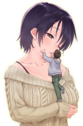 Rule 34 | 1boy, 1girl, beige sweater, black hair, bra strap, breasts, brown eyes, brown hair, cable knit, cleavage, collarbone, commentary request, couple, giant, giantess, green pants, grey jacket, grey legwear, half-closed eyes, head tilt, hetero, highres, hood, hood down, hooded jacket, jacket, kiss, large breasts, lipstick, long sleeves, looking at another, makeup, mini person, miniboy, no shoes, off-shoulder sweater, off shoulder, one eye closed, original, pants, pink lips, short hair, simple background, size difference, sleeves past wrists, socks, standing, standing on one leg, standing on person, sweater, teston, upper body, white background