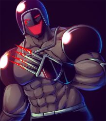 Rule 34 | 1boy, abs, android, armor, artist request, biceps, black background, blood, bloody weapon, clenched hand, evil smile, gauntlets, helmet, kinnikuman, large pectorals, manly, muscular, pectorals, red eyes, smile, solo, warsman, weapon