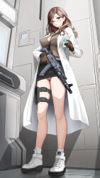 Rule 34 | 1girl, absurdres, assault rifle, between breasts, black skirt, blush, breasts, brown eyes, brown gloves, brown hair, brown shirt, coat, commentary request, commission, cup, full body, gibun (sozoshu), glasses, gloves, gun, highres, holding, holding cup, holding gun, holding weapon, holster, lab coat, long hair, long sleeves, looking at viewer, medium breasts, open mouth, original, panties, pink panties, pixiv commission, rifle, round eyewear, shirt, skirt, solo, standing, starbucks, strap between breasts, thigh holster, thighs, underwear, weapon, white coat, white footwear