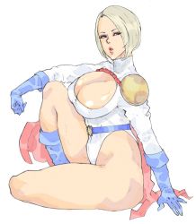 Rule 34 | 1girl, belt, blonde hair, blue eyes, breasts, cape, cleavage, cleavage cutout, clothing cutout, dc comics, female focus, full body, gloves, kyuraa (kyura9een), large breasts, leotard, power girl, short hair, sitting, solo, white background