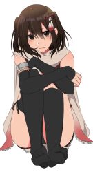 Rule 34 | 1girl, asymmetrical legwear, bare shoulders, black thighhighs, blush, brown eyes, brown hair, crossed arms, detached sleeves, full body, hair between eyes, hugging own legs, kantai collection, looking at viewer, mismatched legwear, no shoes, panties, pantyshot, rinto (rint rnt), scarf, sendai (kancolle), sendai kai ni (kancolle), short hair, simple background, single sock, single thighhigh, sitting, socks, soles, solo, thighhighs, two side up, underwear, white background, white scarf