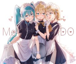 Rule 34 | 1boy, 2girls, apron, aqua eyes, aqua hair, backlighting, black dress, blonde hair, blush, commentary, cowboy shot, crossdressing, dress, embarrassed, frilled apron, frills, gloves, hair ornament, hairclip, hand on another&#039;s chin, hand up, hatsune miku, heart, holding, holding tray, jam (zamuchi), kagamine len, kagamine rin, long hair, looking at another, maid, maid apron, maid day, maid headdress, multiple girls, open mouth, raised eyebrows, short hair, short sleeves, skirt hold, smile, spiked hair, sweat, swept bangs, symbol-only commentary, tongue, tongue out, tray, twintails, very long hair, vocaloid, white apron, white background, white gloves, wrist cuffs