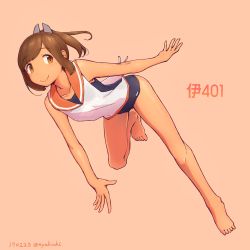 Rule 34 | 1girl, barefoot, blouse, blue one-piece swimsuit, blush, brown background, brown eyes, brown hair, closed mouth, commentary request, full body, hair between eyes, hair ornament, hairclip, highres, i-401 (kancolle), kantai collection, looking at viewer, nakaaki masashi, name tag, one-piece swimsuit, ponytail, sailor collar, school swimsuit, school uniform, see-through silhouette, serafuku, shirt, short hair, short ponytail, simple background, sleeveless, sleeveless shirt, smile, solo, submarine, swimsuit, swimsuit under clothes, tan, watercraft, white shirt